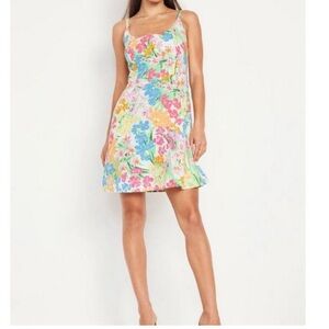 Old Navy Fit & Flare Cami Mini Dress Linen Blend Pink/Orange Floral XS Tall